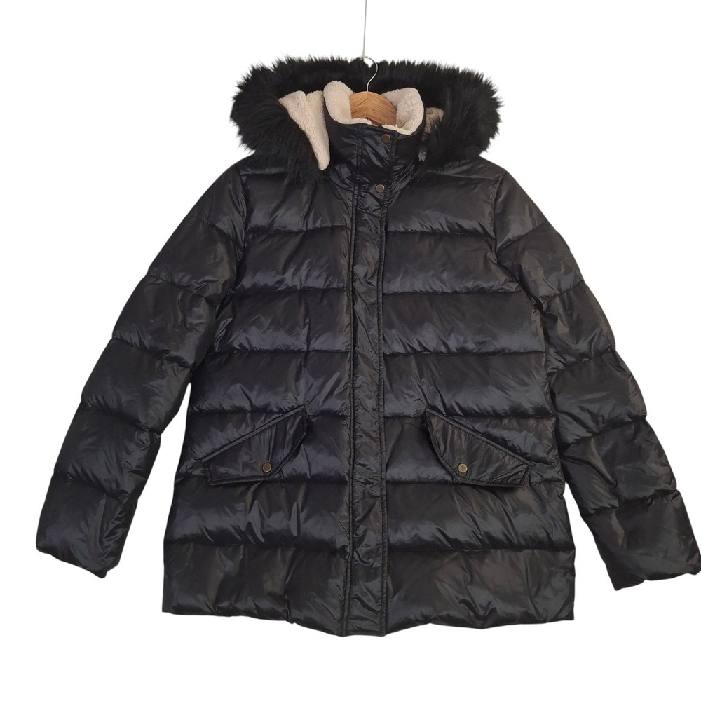 Lauren Ralph Lauren Down Puffer Jacket Womens Large Black Faux Fur Trim Hood